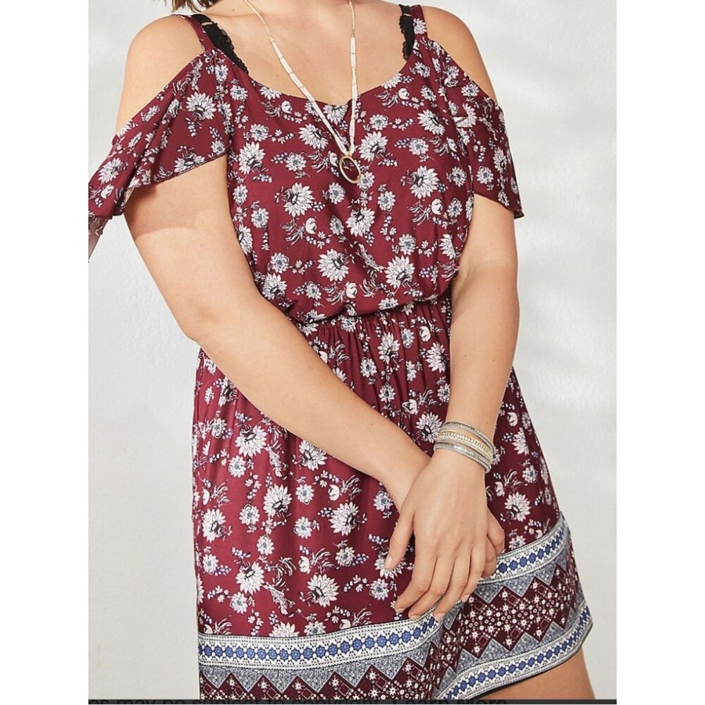 Maurices Ruffled Cold Shoulder Maroon Floral Mini Dress Womens Large New